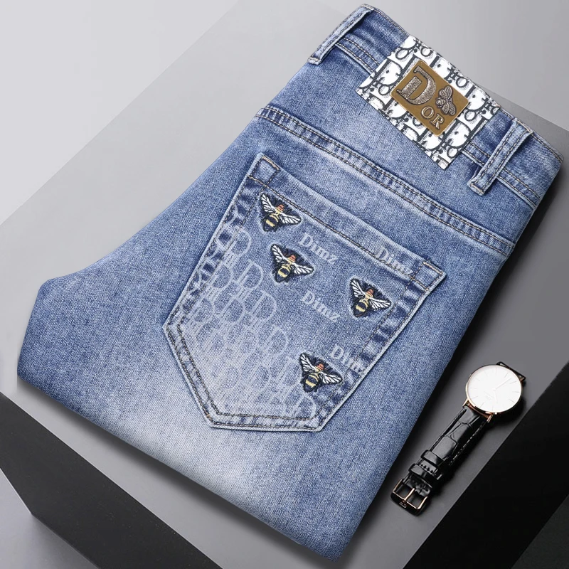 秋款新款男士高端时尚欧洲站牛仔裤弹力潮流弹力修身直筒休闲裤子