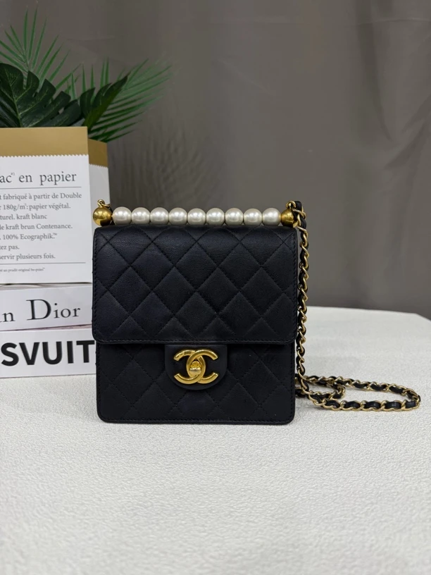 95新 Chanel/香奈儿 香奈儿 黑金全皮菱格珍珠链条包单肩斜挎包