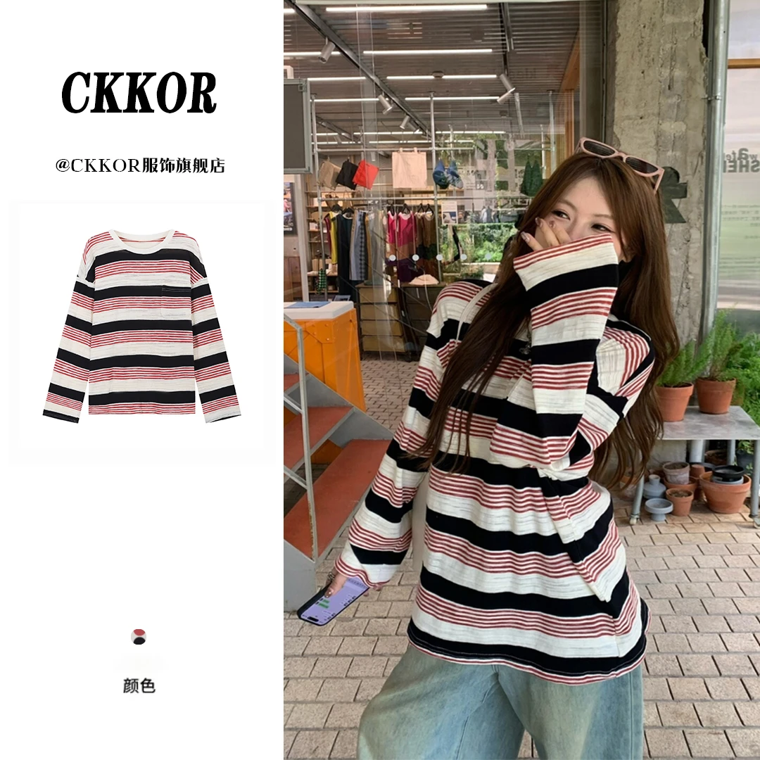 CKKOR早秋长袖上衣新款复古休闲风条纹长袖女宽松百搭圆领打底衫