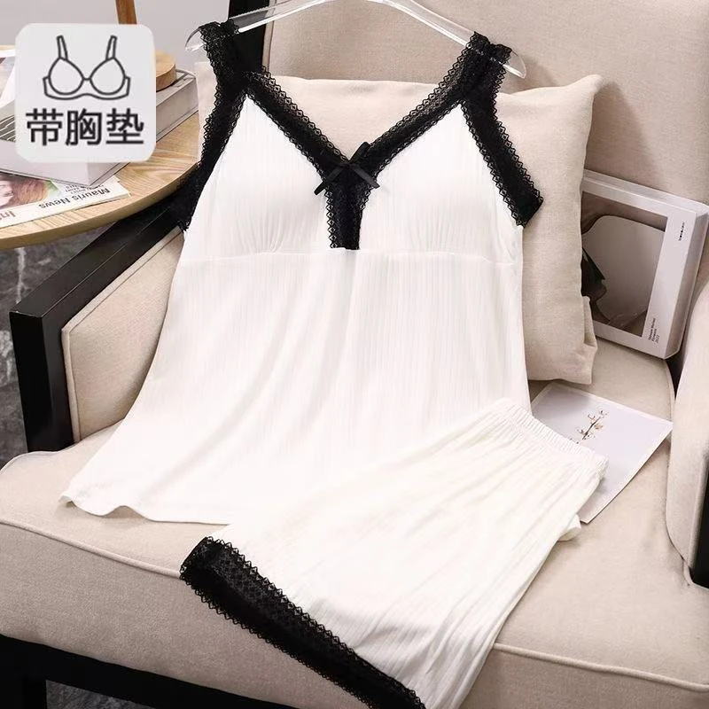 蕾丝肩高级感无袖背心吊带睡衣女夏季两件式套装短裤薄款莫代尔夏