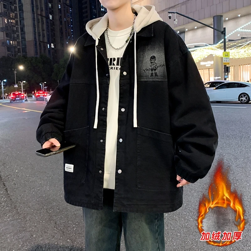 青少年学生春秋季男生港风潮流百搭外套休闲冬季牛仔夹克加绒外套
