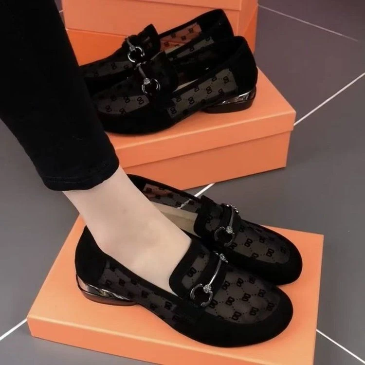 单鞋女2025年新款夏季镂空网纱软皮女鞋低跟软底豆豆鞋透气乐福鞋