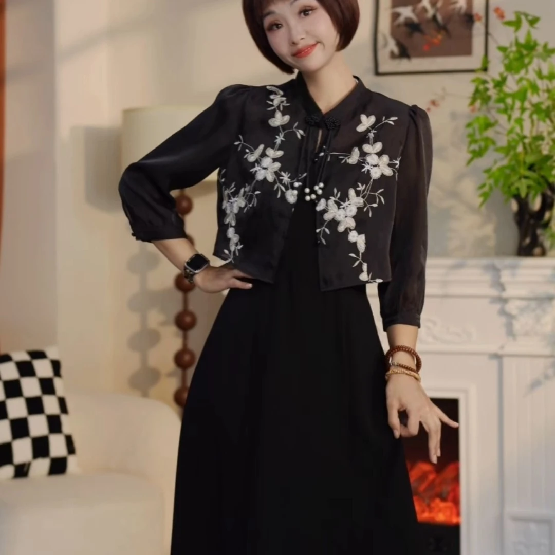 T017秋季时尚潮流吊带裙加国风外套两件套套裙AT