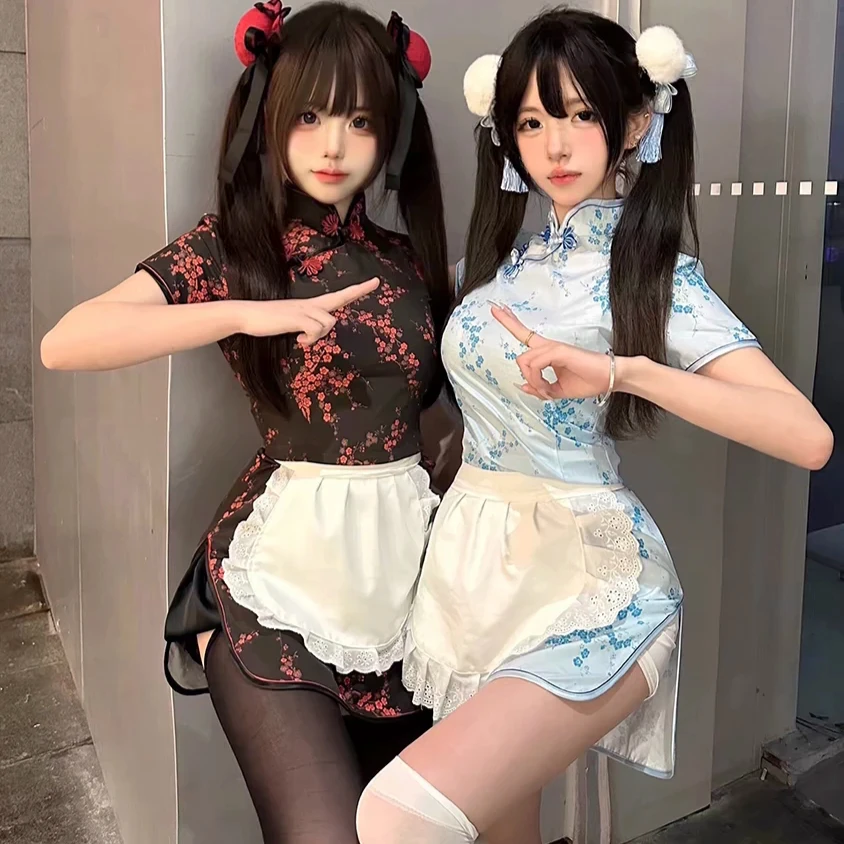 动漫cos大码女装中国风连衣裙带围裙性感小厨娘中华娘旗袍套装女