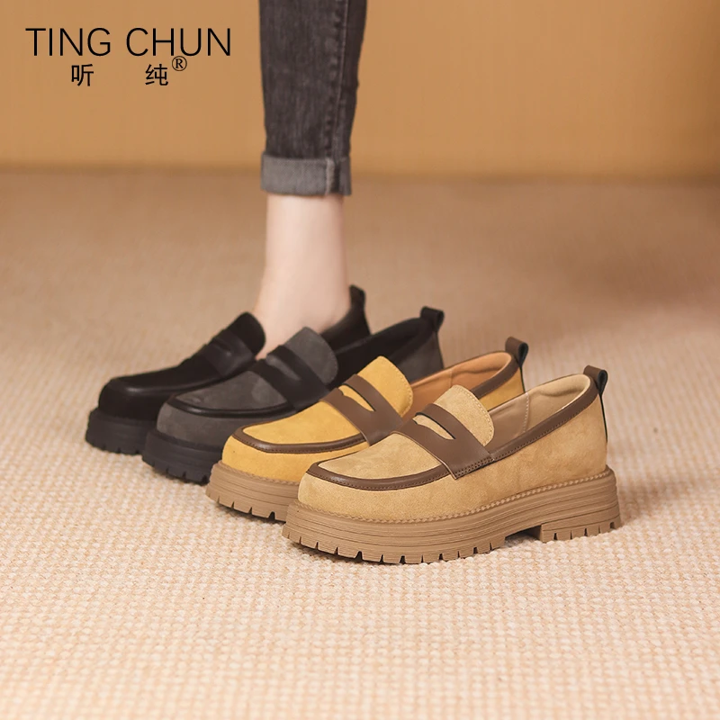 听纯1573休闲时尚2025春秋真皮鞋厚底英伦百搭平底女鞋乐福鞋女
