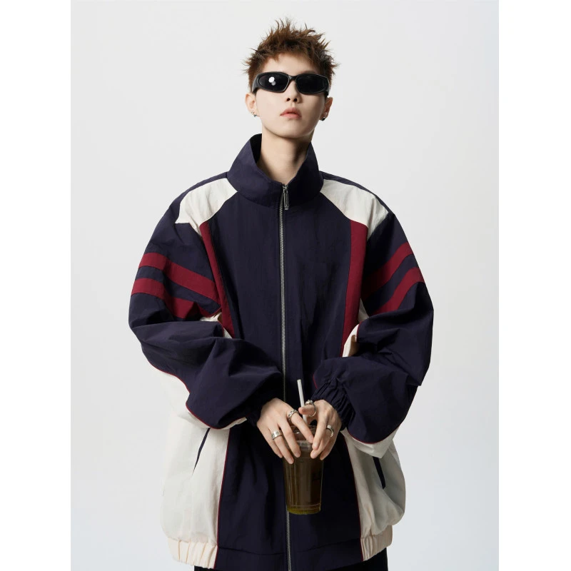 新款色块秋季夹克拼接春秋罗纹下摆立领日系复古男士运动休闲百搭