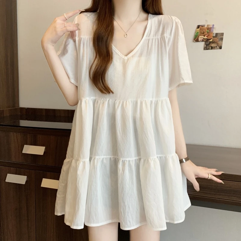 大码胖MM摩登轻薄绵娃娃衫衬衣夏季新款宽松V领泡泡袖