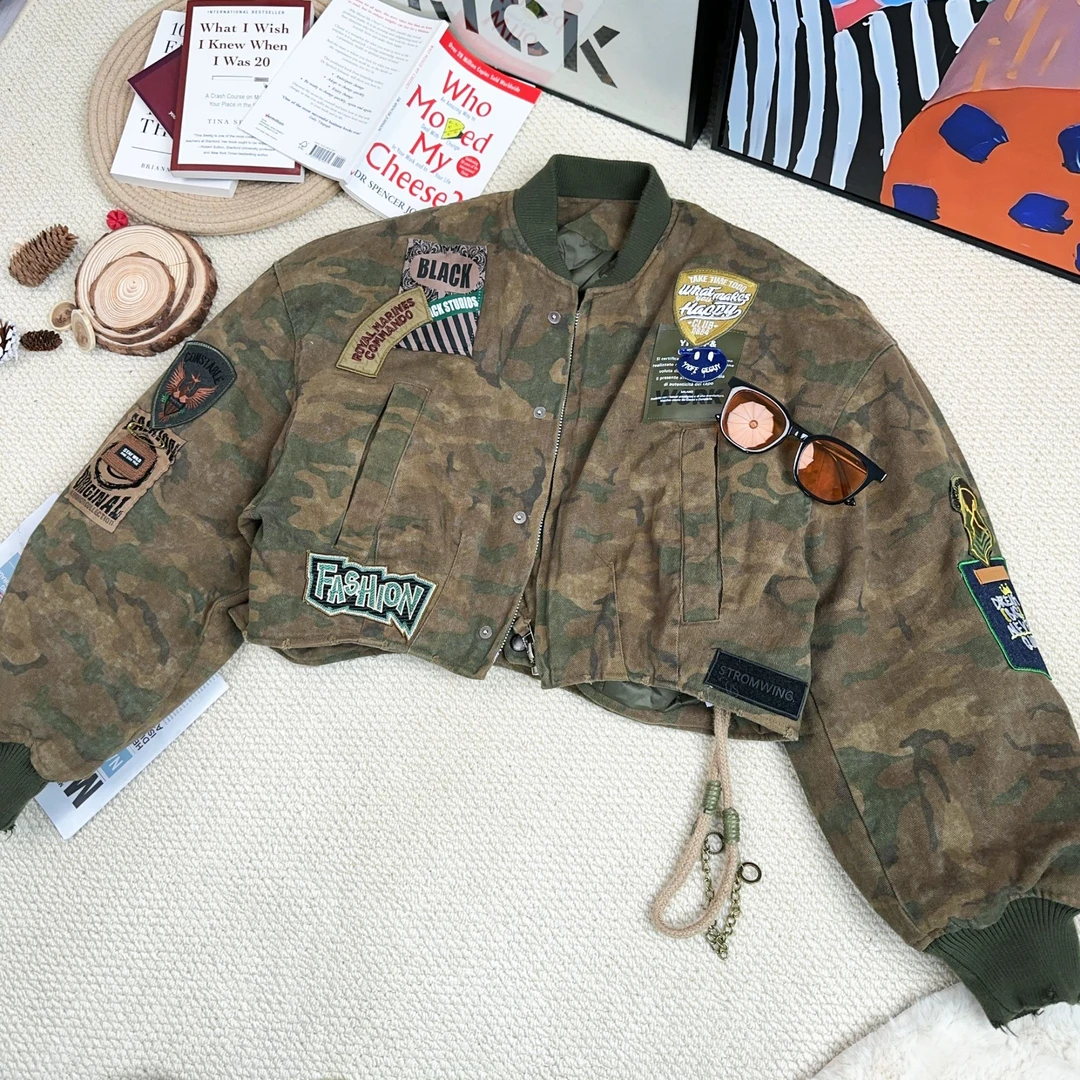 2024年冬季新款时尚百搭加厚长袖迷彩厚外套8085