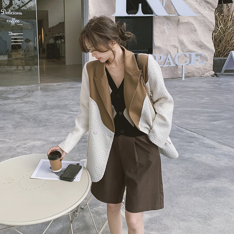 设计感小众拼接撞色西装外套女小个子2025春季新款白色休闲小西服