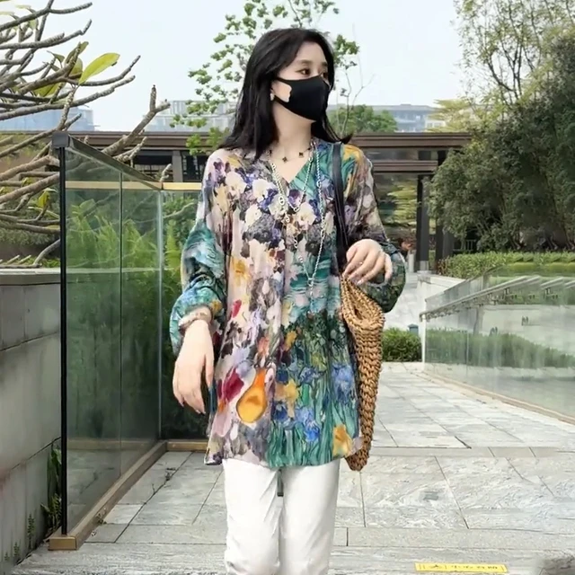 设计感休闲百搭油画上衣女2025夏季新款凉快衬衣宽松显瘦防晒衬衫