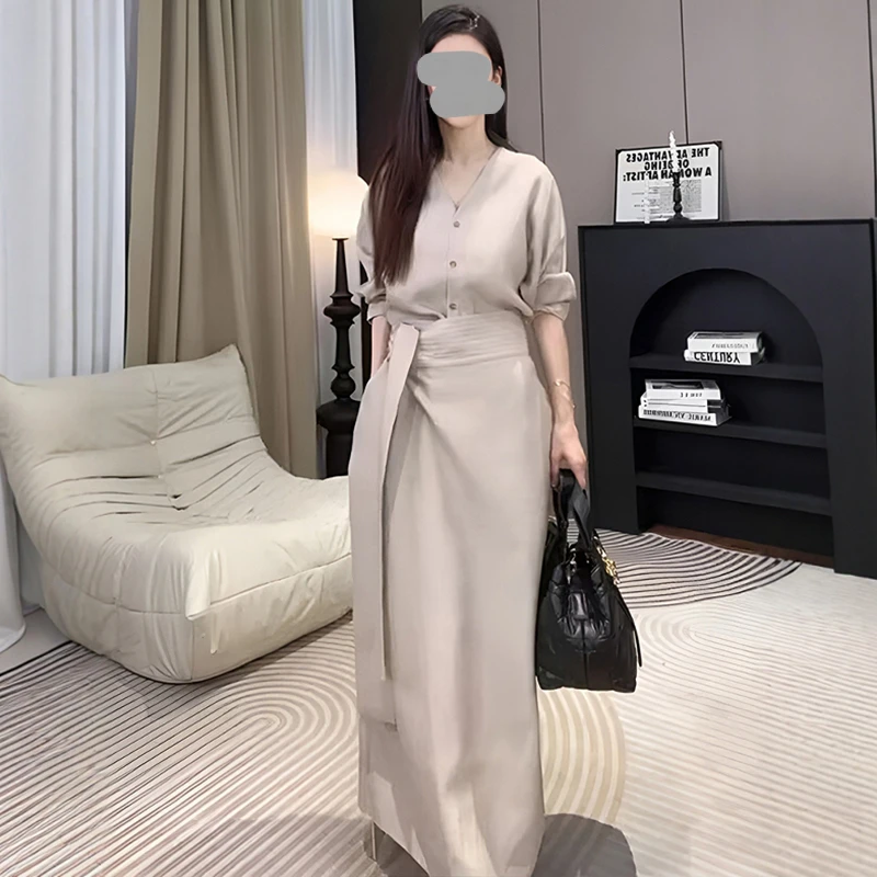 茶系穿搭一整套女夏季休闲百搭气质显瘦遮肉衬衣高腰半身裙两件套