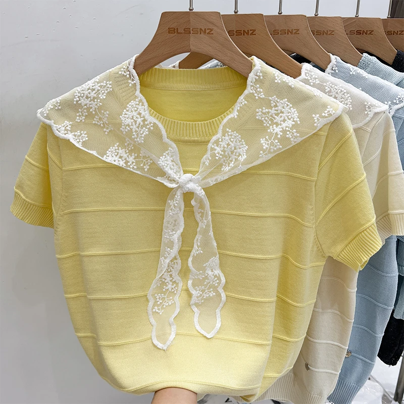 蕾丝拼接短袖针织衫女2025新款法式宽松显瘦薄款系带上衣披肩外搭