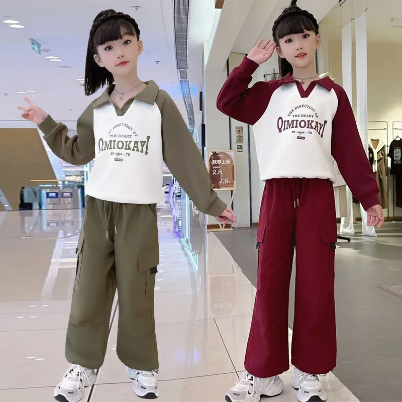 女童2025春秋季新款工装裤套装韩版洋气中大童POLO领卫衣两件套