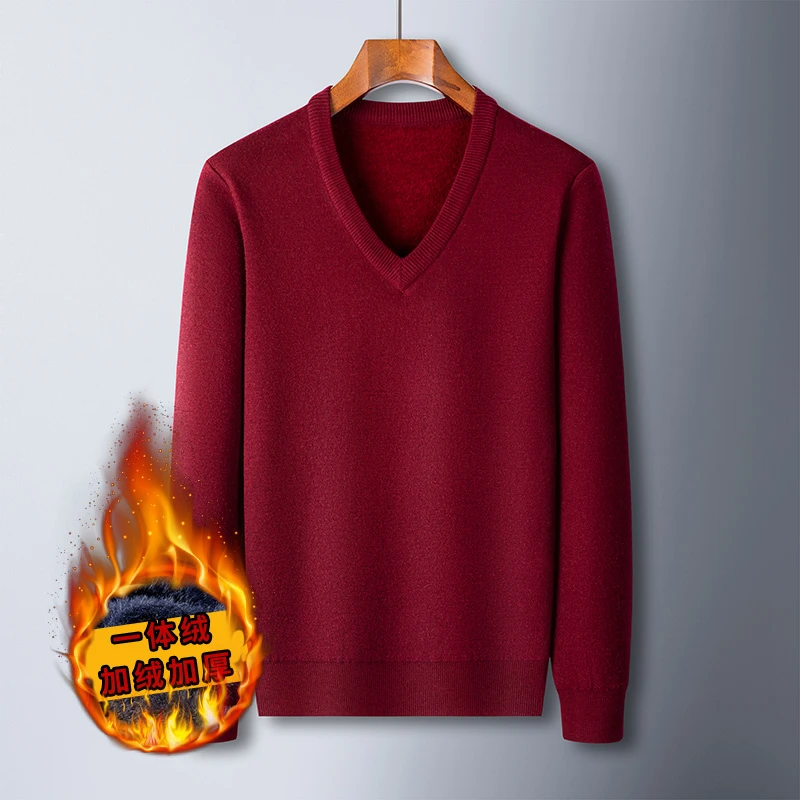 冬季中老年男士加绒加厚毛衣爸爸休闲鸡心领针织衫父亲保暖长袖