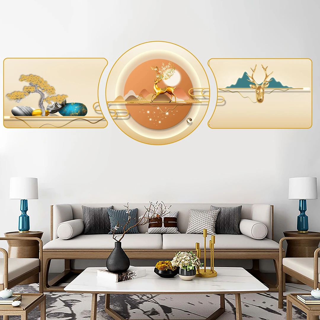 新款珠联璧合轻奢客厅装饰画防水晶瓷沙发背景三联画