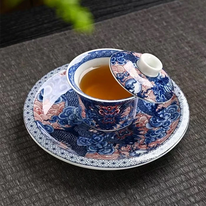 青花釉里红龙纹三才盖碗高档悬停家用功夫茶具手工复古盖碗茶具
