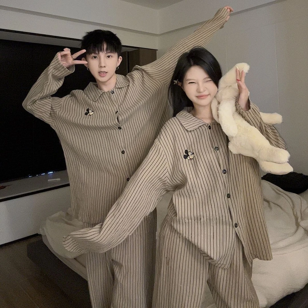 情侣睡衣女云朵棉春秋季长袖新款卡通条纹米奇可爱宽松家居服套装