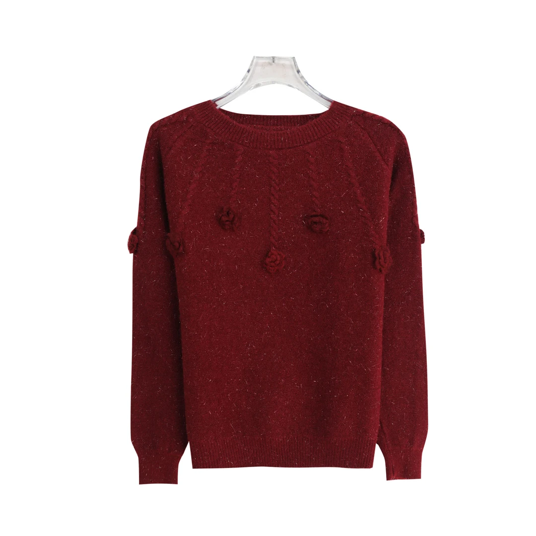 温柔软糯慵懒风提花立体装饰圆领毛衣X27386