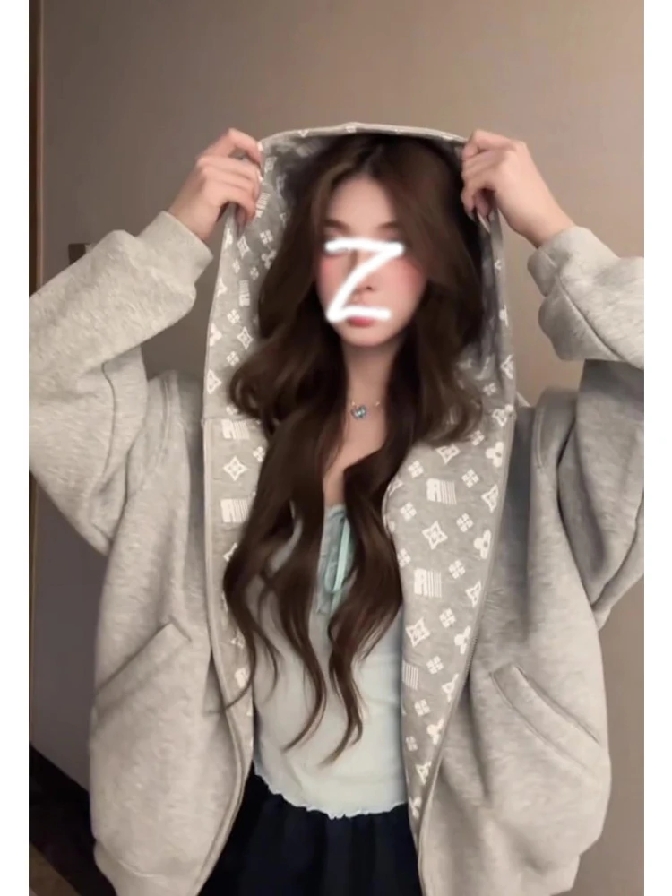 纯棉美式复古连帽卫衣女学生秋冬加绒宽松慵懒风休闲拉链开衫外套