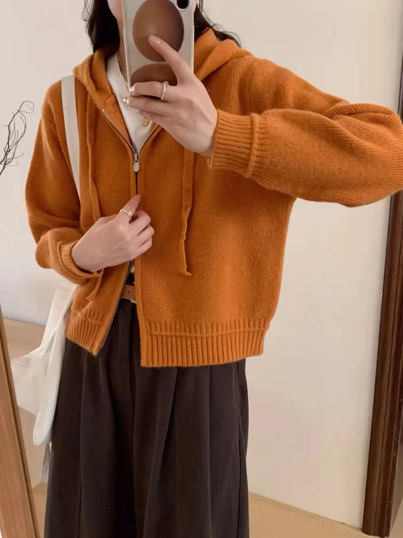 2025 双拉链连帽针织衫开衫毛衣外套女秋冬设计感慵懒风上衣