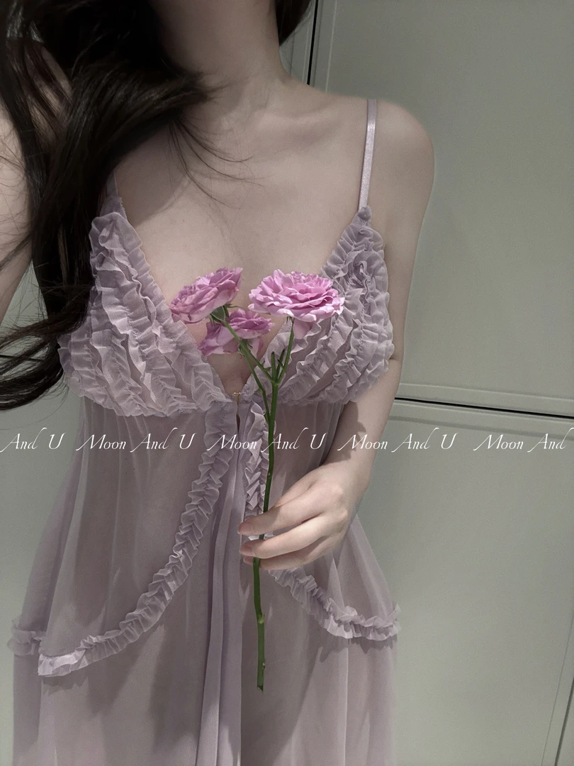 Moon And U【涟漪】性感网纱吊带睡裙约会睡裙套装