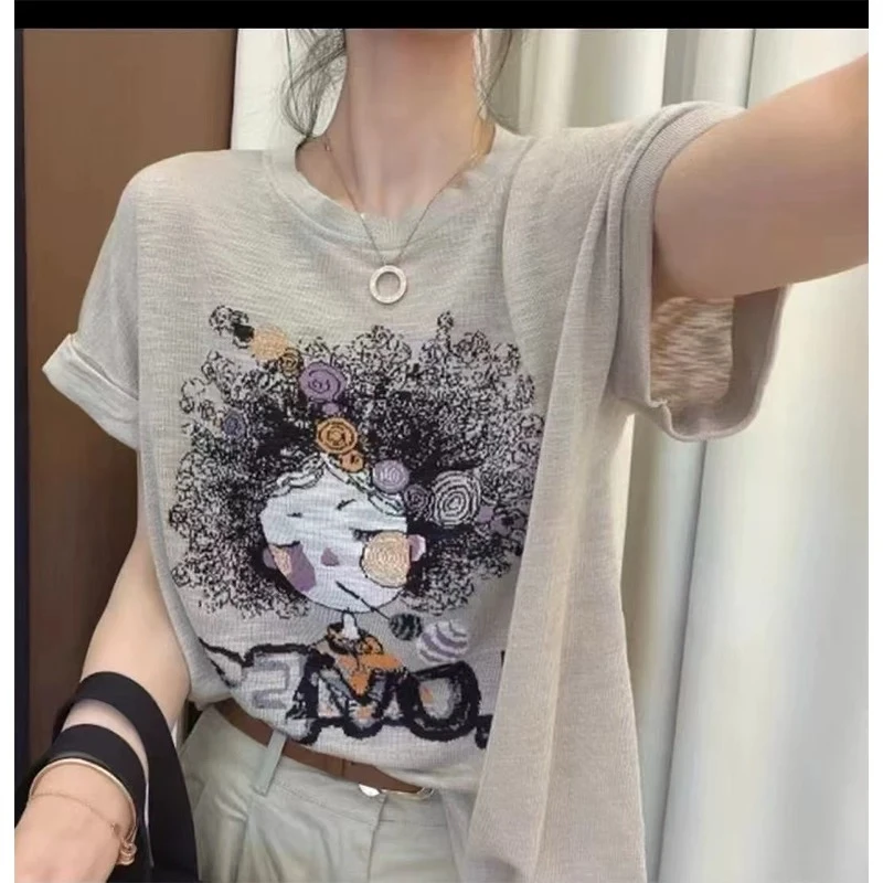 2025新款爆炸头女孩薄款凉感假两件V领短袖t恤百搭休闲圆领针织衫