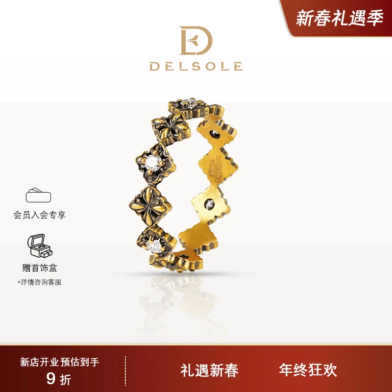 DELSOLE玄金足金纯黄金戒圈女款秀气简约镶钻款黑金鸢尾星赞