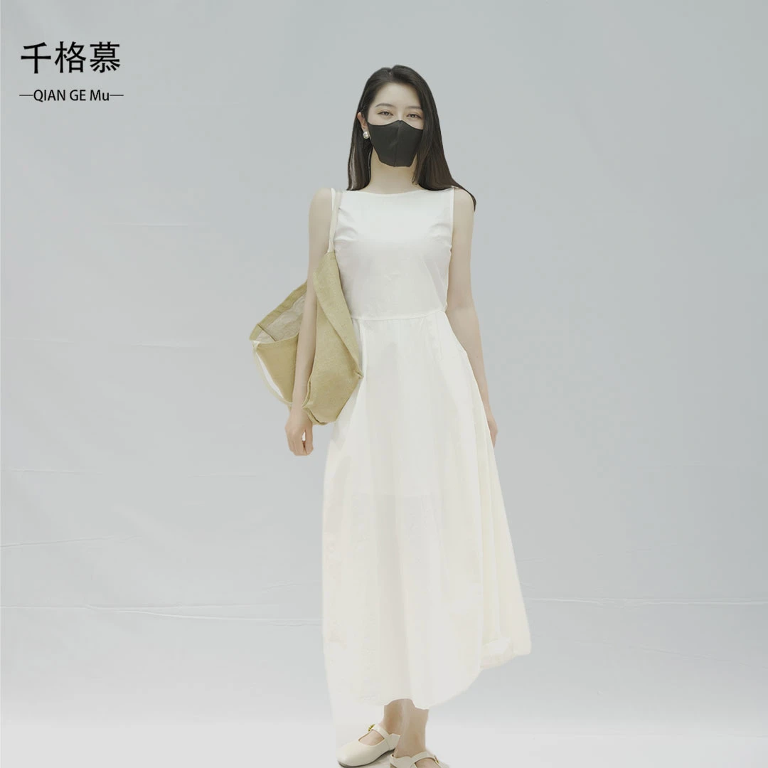 千格慕纯色无袖连衣裙夏季复古极简风气质吊带裙