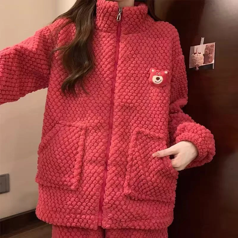 CD274绒款玫红草莓熊长袖长裤家居服套装