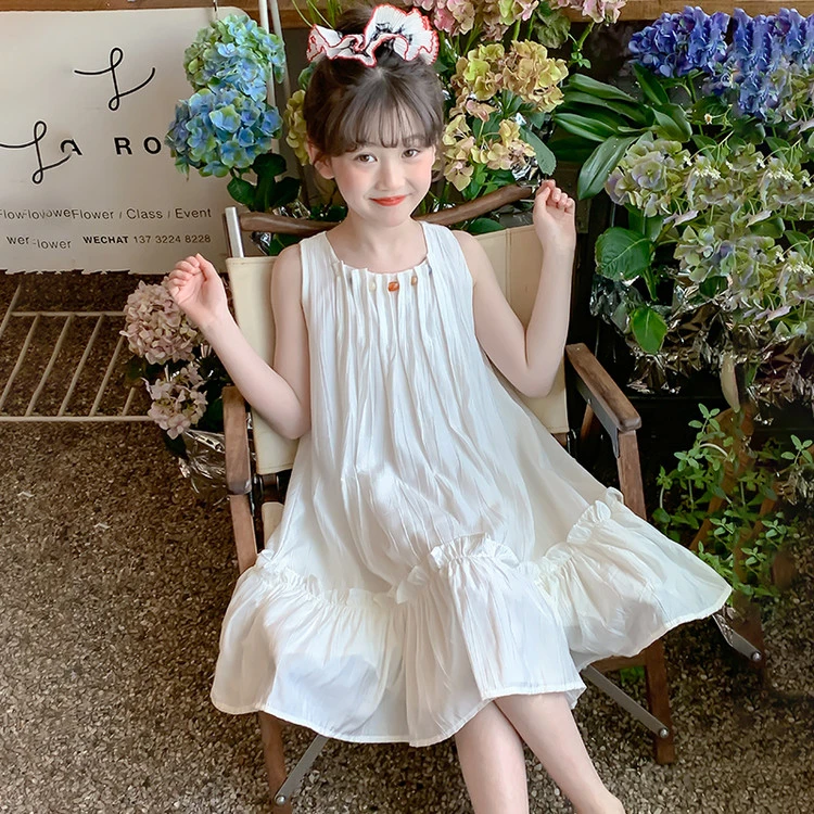 夏季韩版纯色无袖中长裙女童连衣裙薄款童装裙子儿童女孩中大童