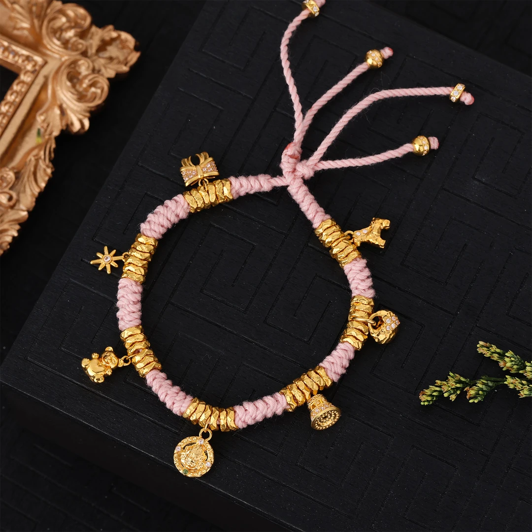 【来福原创】18k金锤纹盘缠黄财神＋金坨坨＋小熊＋小马＋蝴蝶结＋铃铛