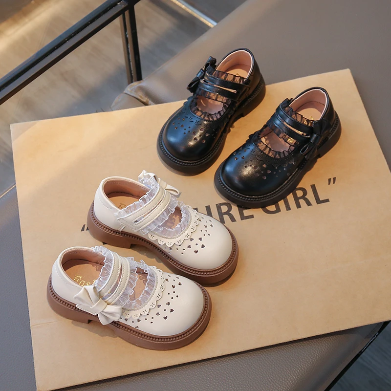 女童皮鞋镂空花边春秋艾莎女宝2025新款软底皮鞋女童乐福鞋玛丽珍