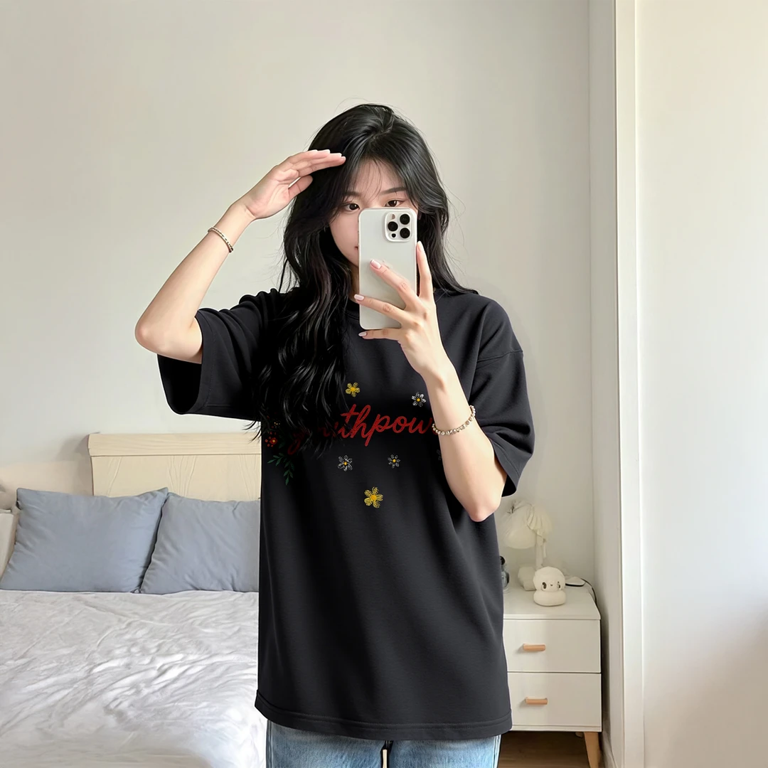 YEP复古黑色印花正肩短袖t恤男女夏季新款潮牌情侣装宽松半袖上衣