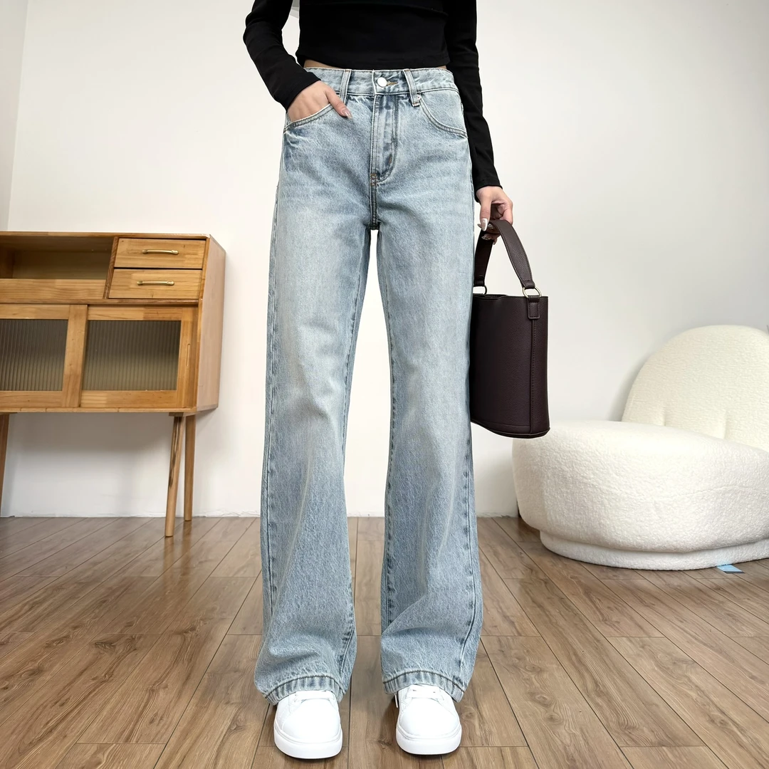 显高显瘦高腰阔腿直筒休闲复古百搭百搭女装大直筒牛仔裤高个子