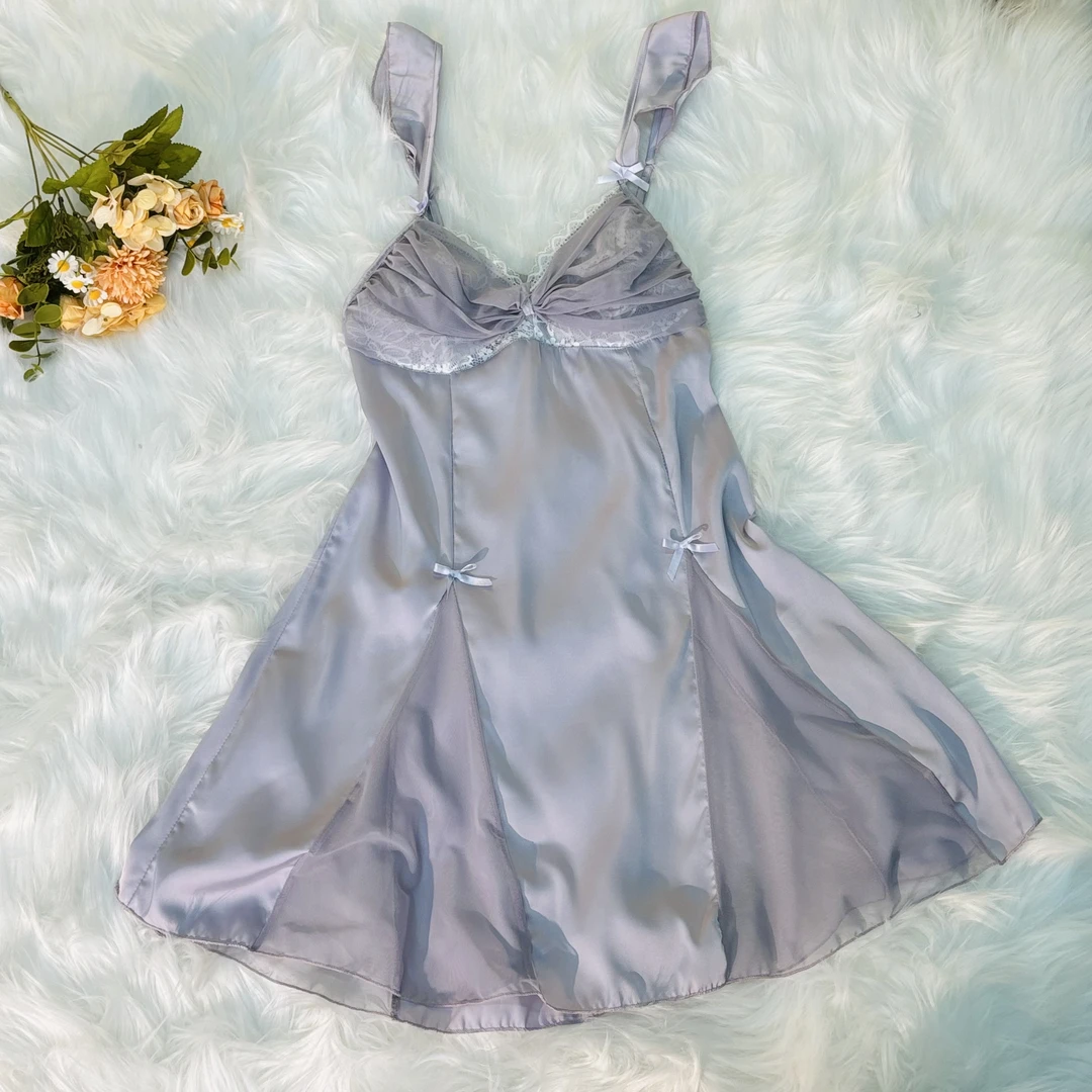 【钟情】新款性感露背冰丝睡衣纯欲睡裙透明蕾丝吊带裙女6009