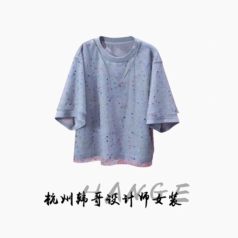 【韩哥女装】2025欧版轻薄透气高级灰拼接网纱假两件短袖8793-B1