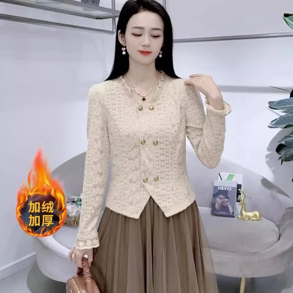 长袖蕾丝打底衫女士秋冬款女装2024新款时尚洋气加绒加厚显瘦上衣