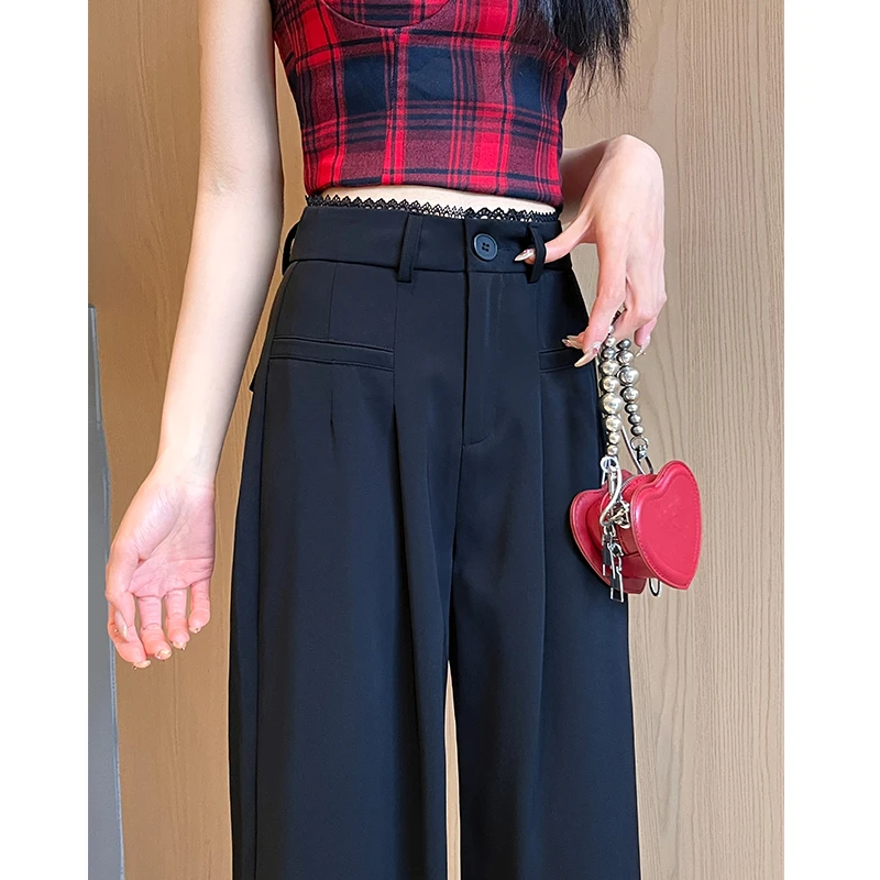 蕾丝腰冰丝西装裤女夏季薄款高腰垂感小个子窄版直筒阔腿拖地长裤