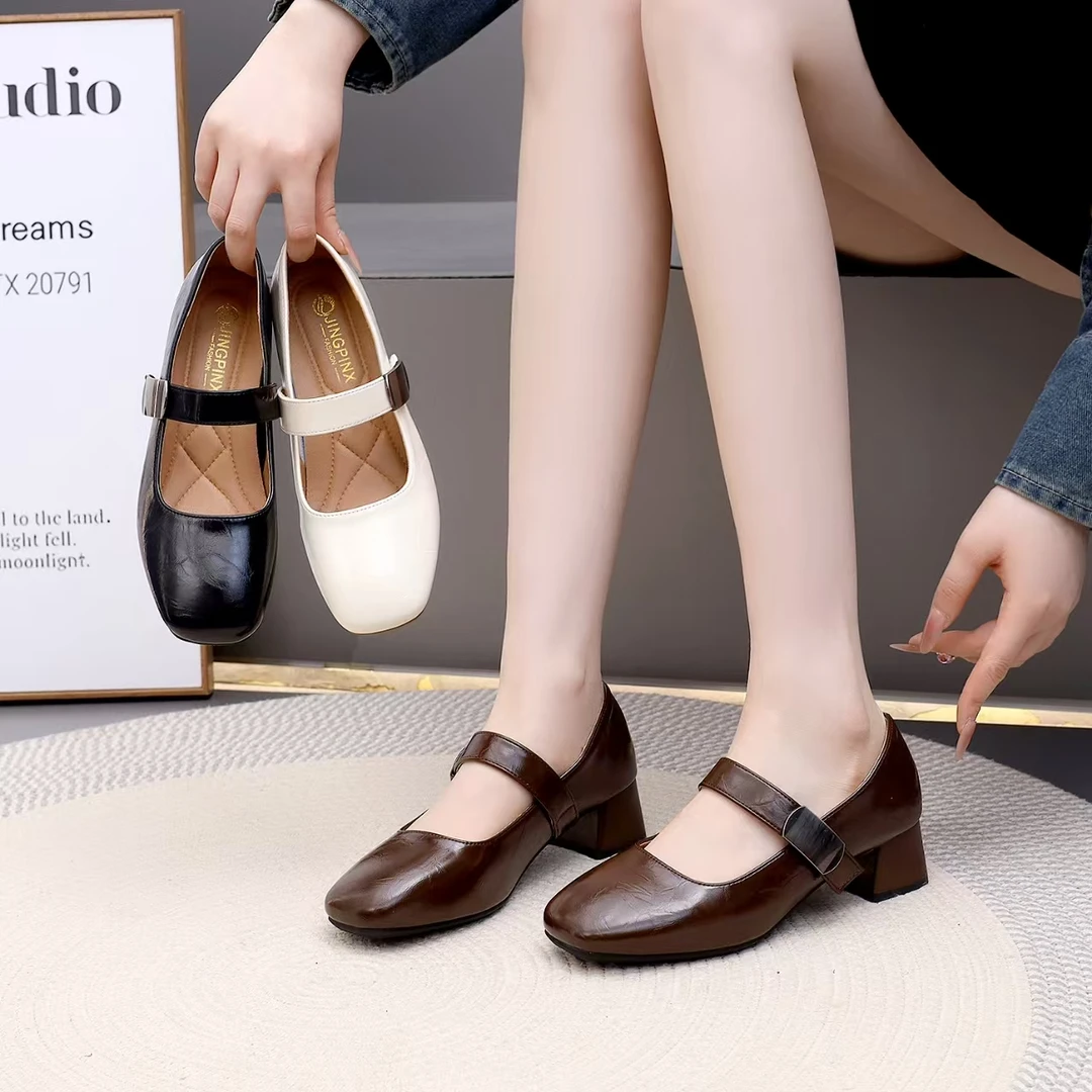 玛丽珍2025春秋款圆头一字带浅口洋气舒适单鞋粗跟浅口软底妈妈鞋
