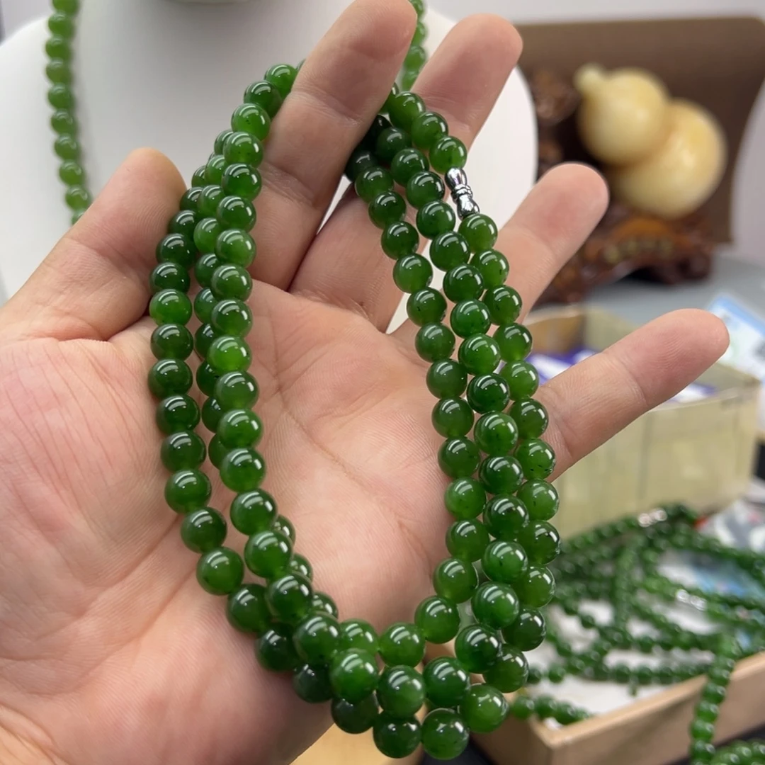 和田玉（碧玉）未镶嵌颈饰卡8 辣阳绿 微黑 108颗
