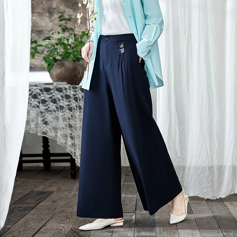 生活在左2025春夏新品棉麻混纺绣花宽松显瘦裤子女1952237