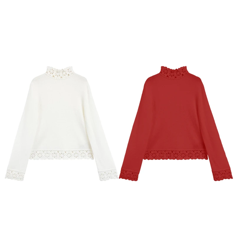 【橙庐】510033钩花边小立领100山羊绒打底衫 秋冬女士蕾丝气质时尚