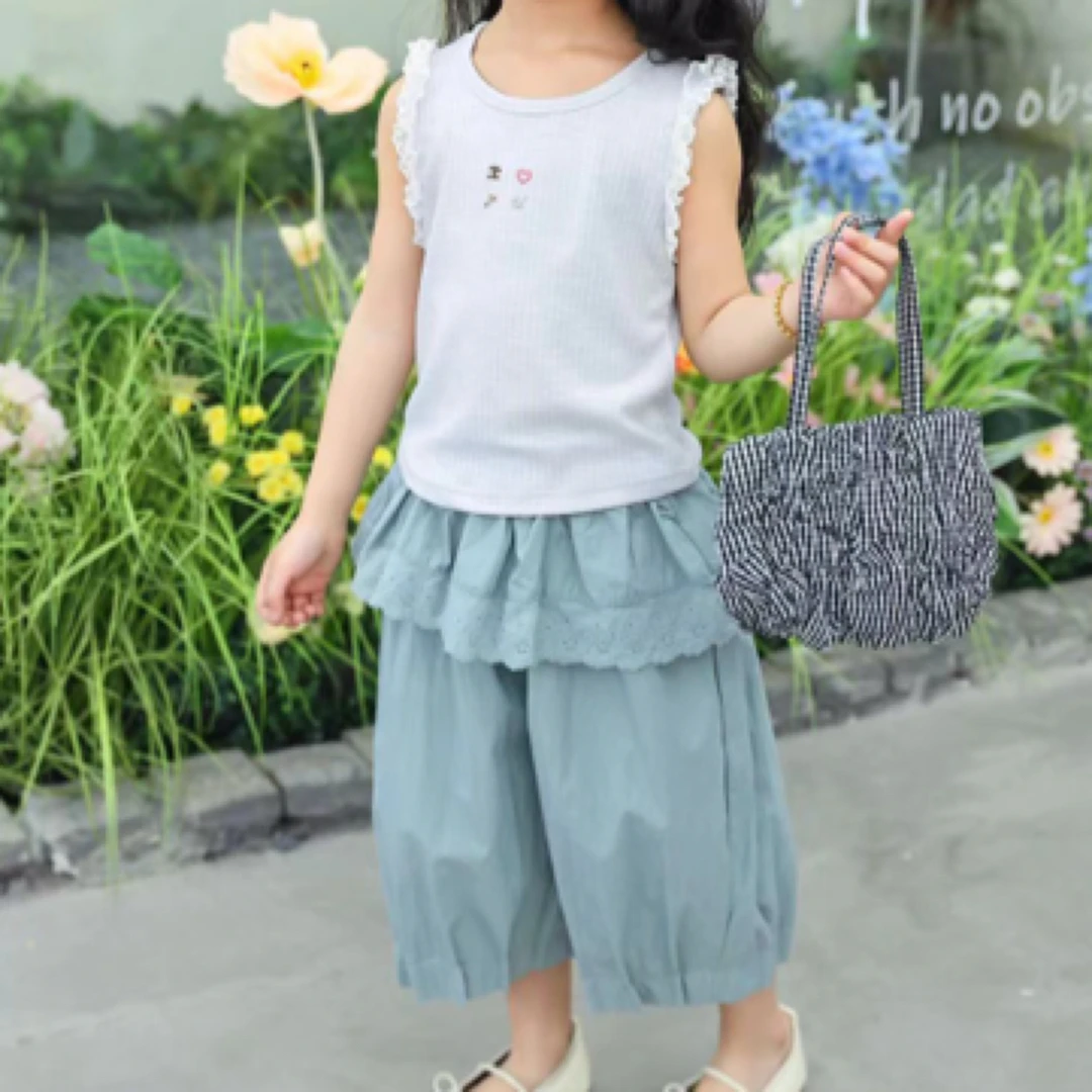 【编号U202】2561-06-儿童花边背心灰蓝裤子套装 浅蓝色-XGB