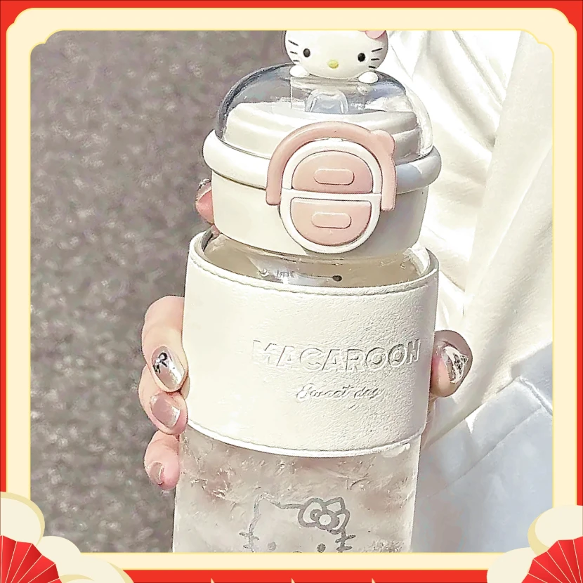 Hello Kitty塑料水杯带防烫BABY杯套耐高温女生ins带刻度吸【多汪】
