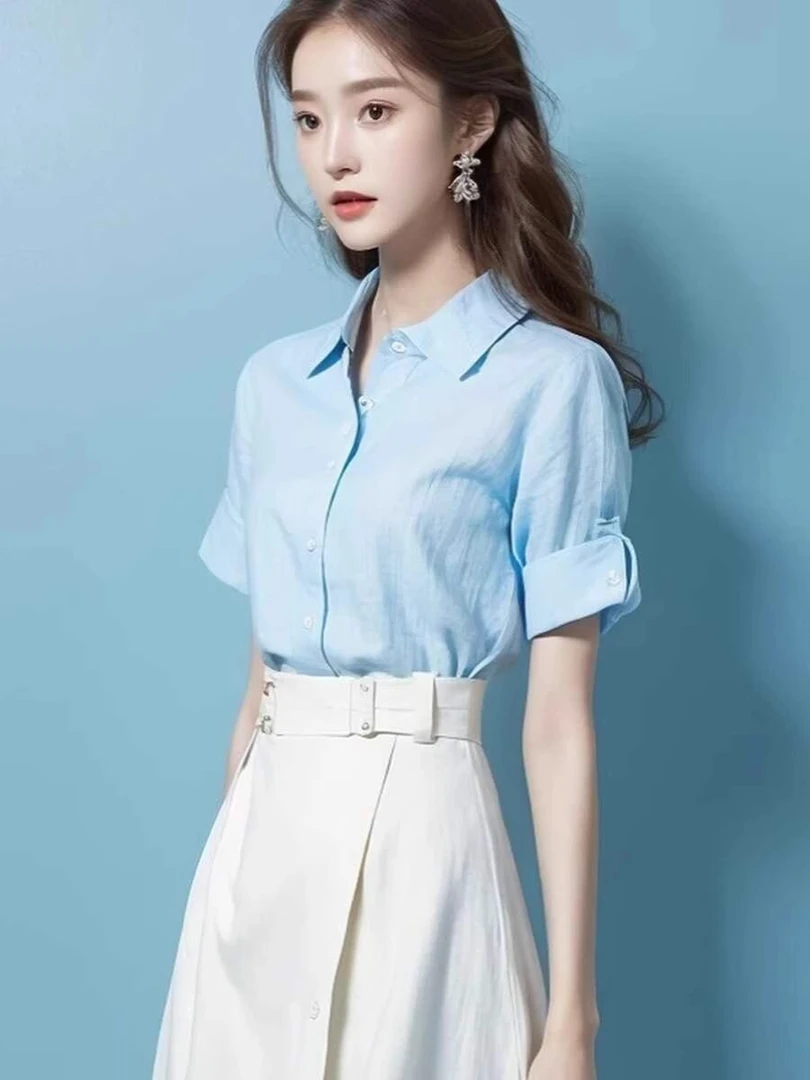 洋气减龄漂亮时尚炸街小个子搭配单上衣高级蓝色衬衫精致小上衣夏