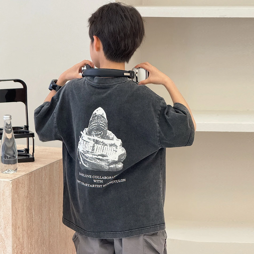 男童夏季短袖T恤自制帅气中大童潮牌五分袖儿童做旧半袖酷TY70914