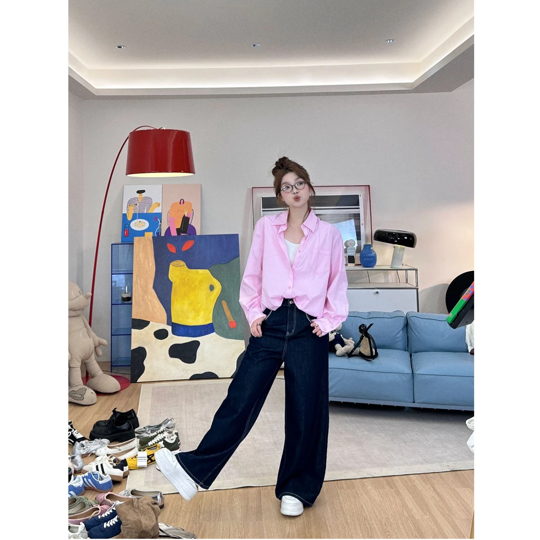 晶咕【简约卦】polo领衬衫拼白色内搭假两件前下摆捏褶衬衫上衣