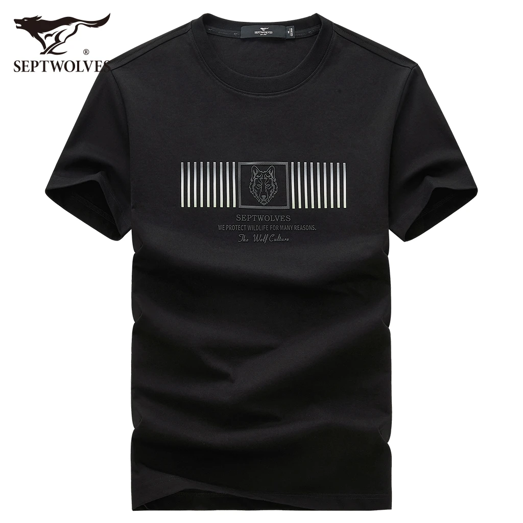 七匹狼男士短袖t恤2025夏季新款黑色印花圆领透气速干打底衫男装