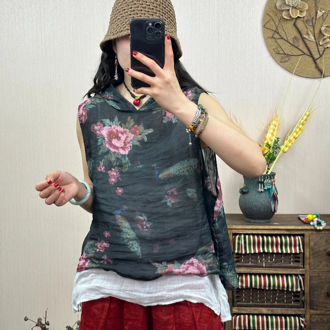 百分百苎麻圆领文艺风连帽女夏季短款圆领薄款套头透气马夹上衣