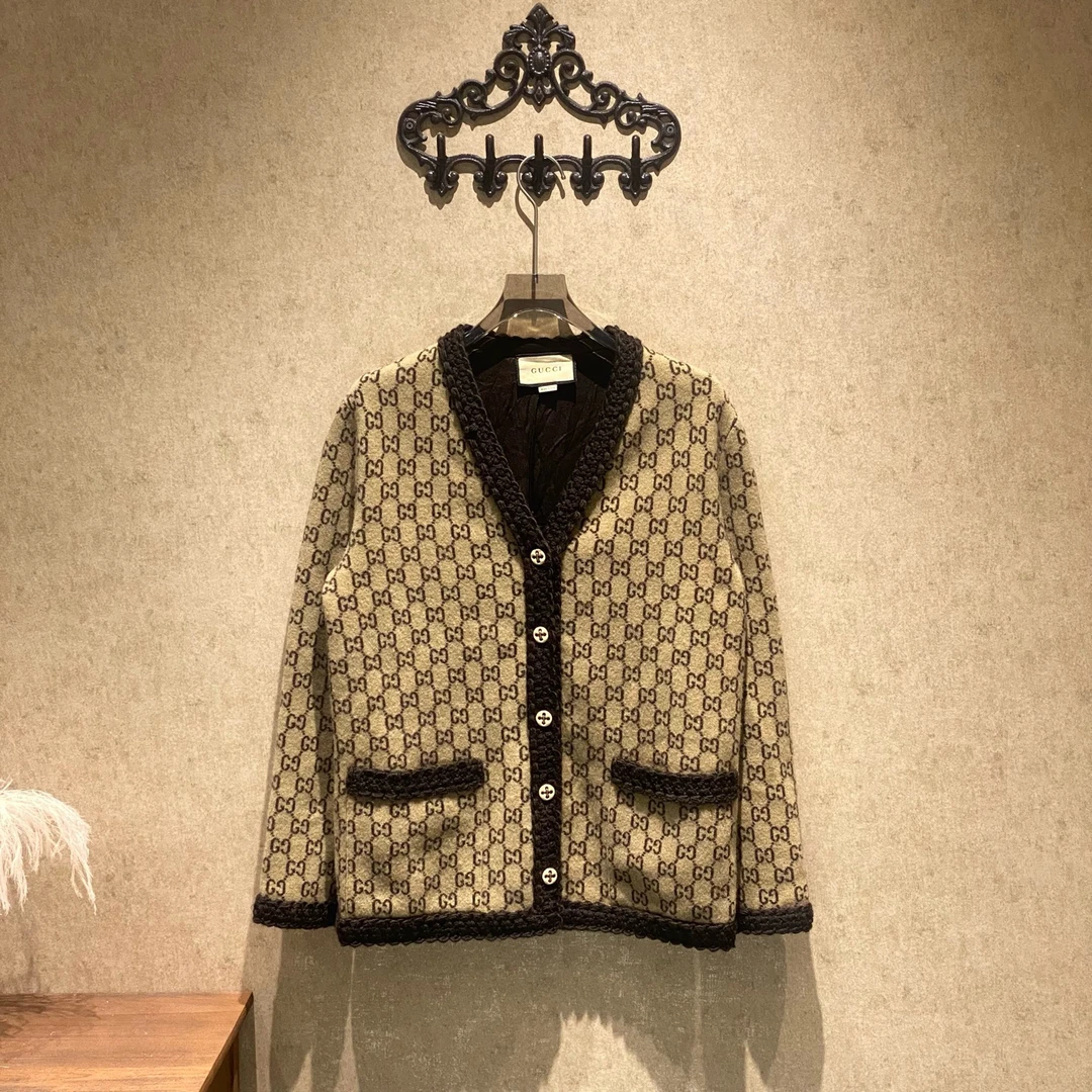 99新 GUCCI/古驰 棕色老花满印针织花边羊毛开衫/xs码/99新/39037
